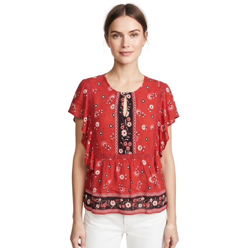 J.Jill Floral Cotton Top Medium Black Red Lace Flutter Sleeves